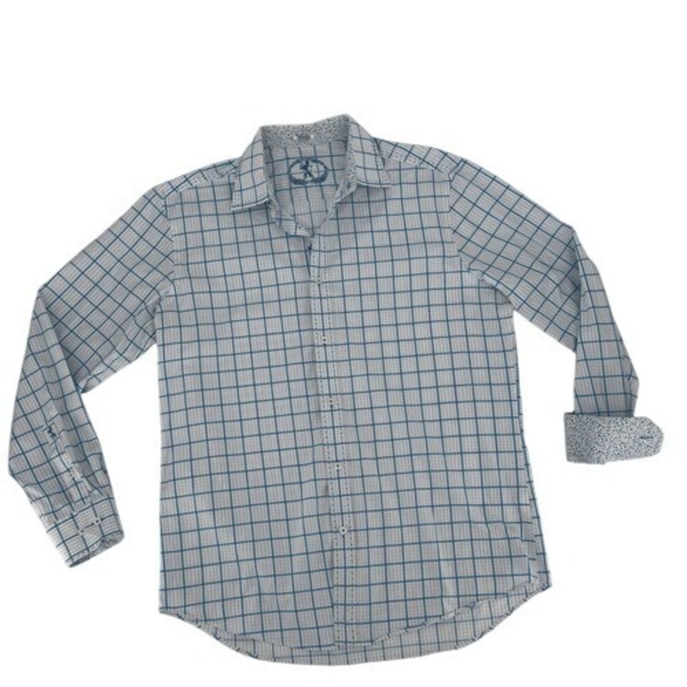 Bugatchi Blue White Grid Shaped Fit Button Down Shirt‎ XL